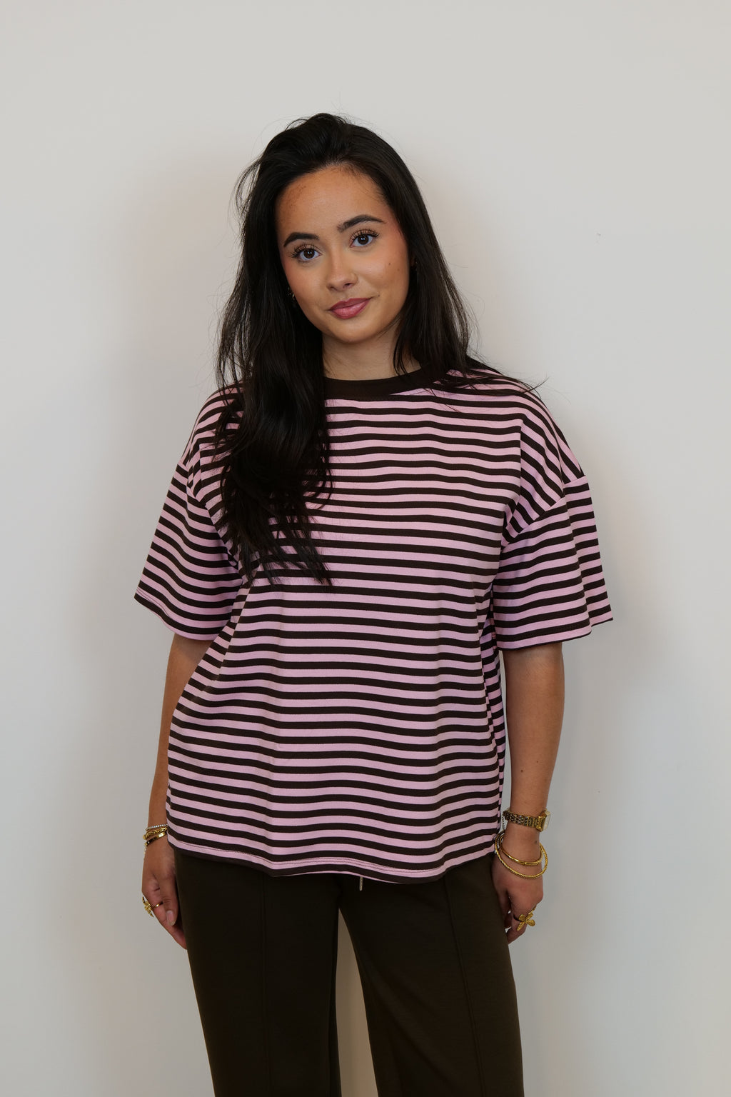 Gestreept shirt bruin/roze