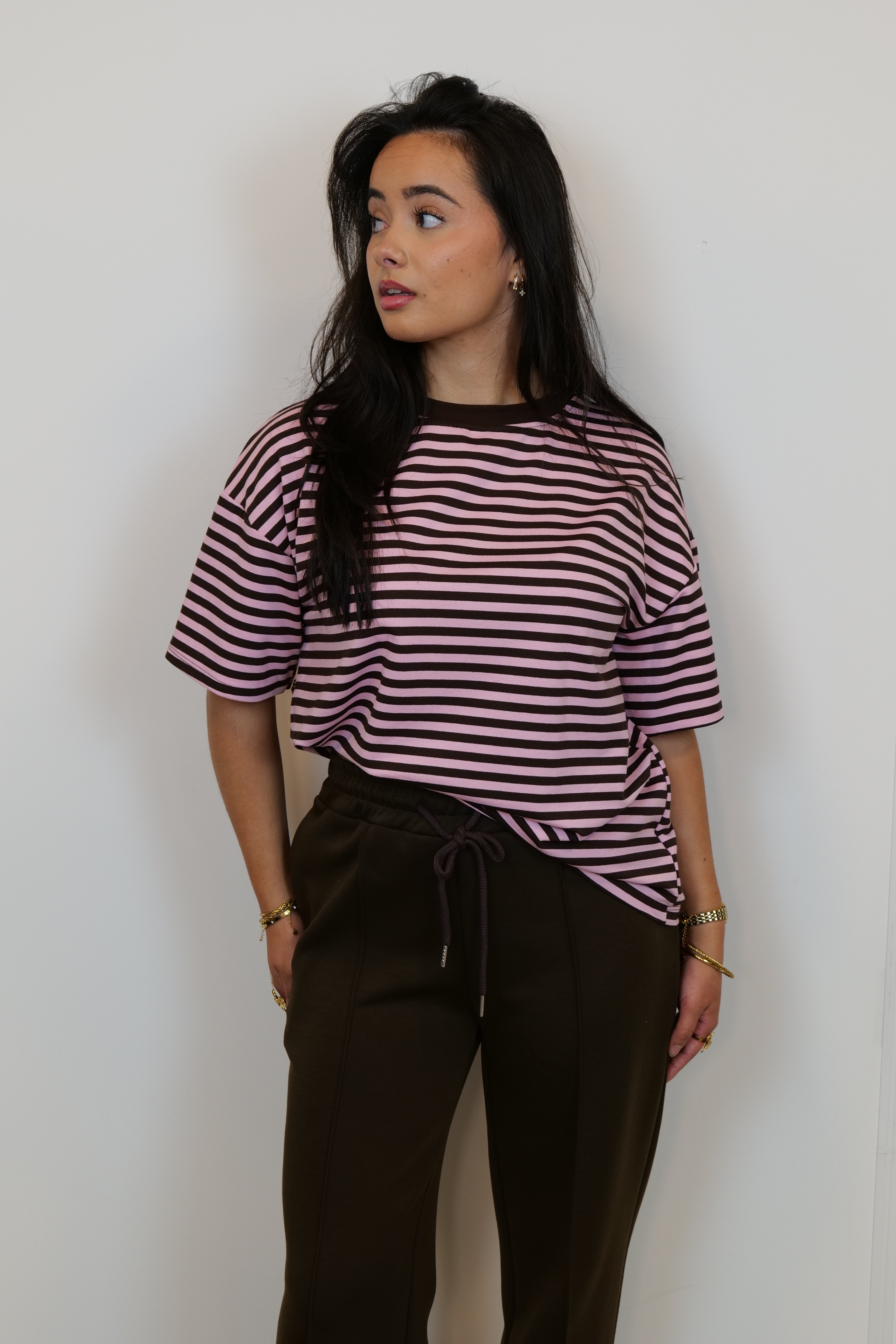 Gestreept shirt bruin/roze