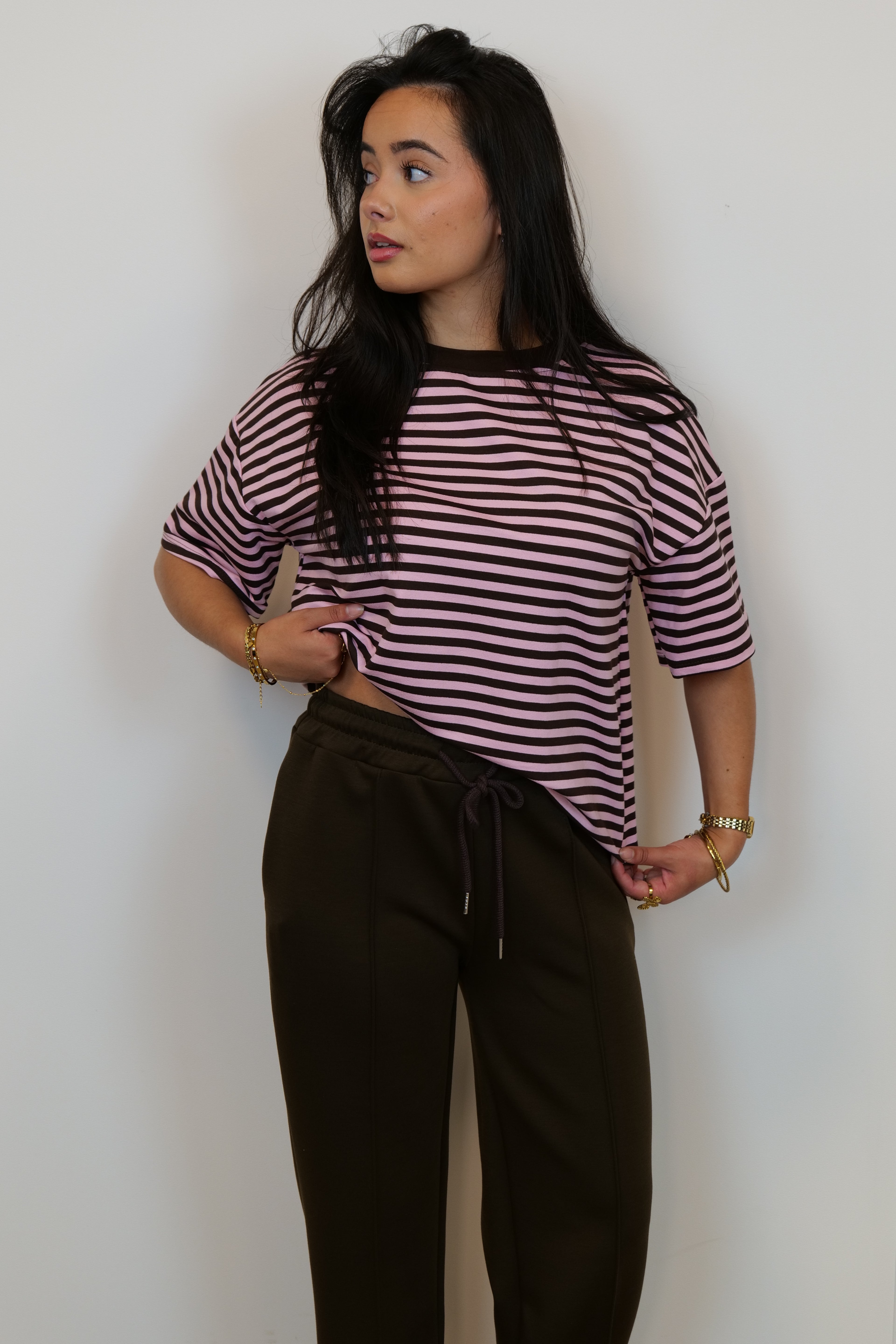Gestreept shirt bruin/roze
