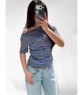 Off Shoulder top blauw/bruin